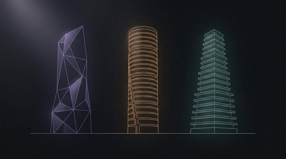 Abstract illustration of three different wireframe architectural tower forms standing side by side