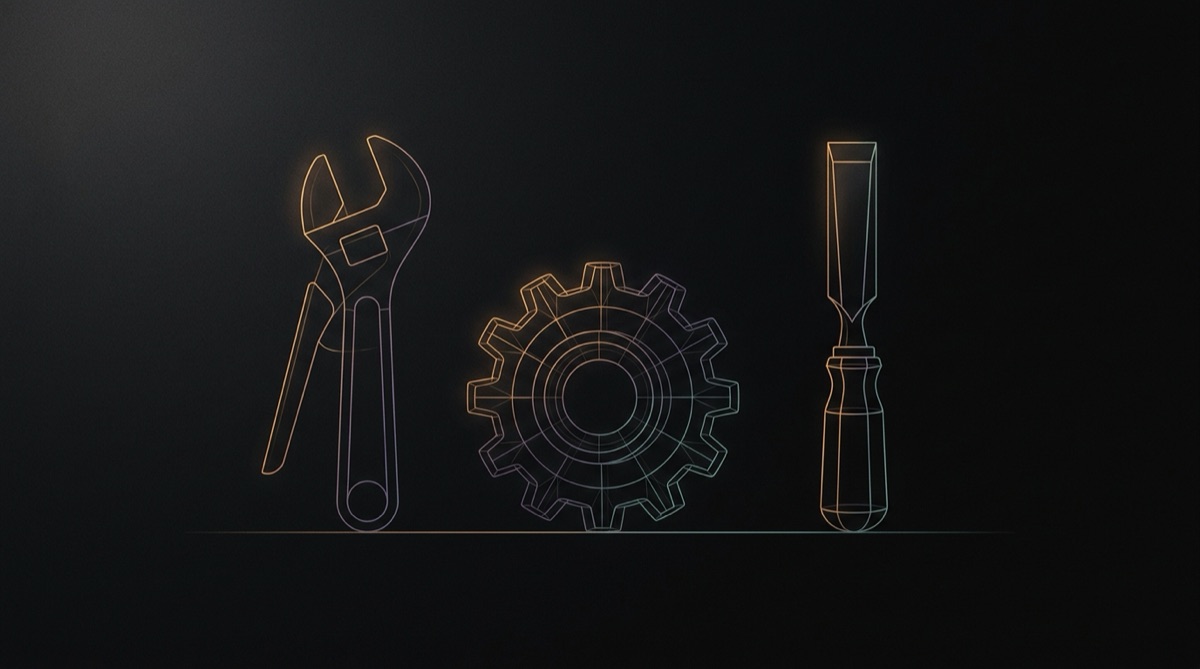 Abstract illustration of three wireframe tools of different sizes standing side by side
