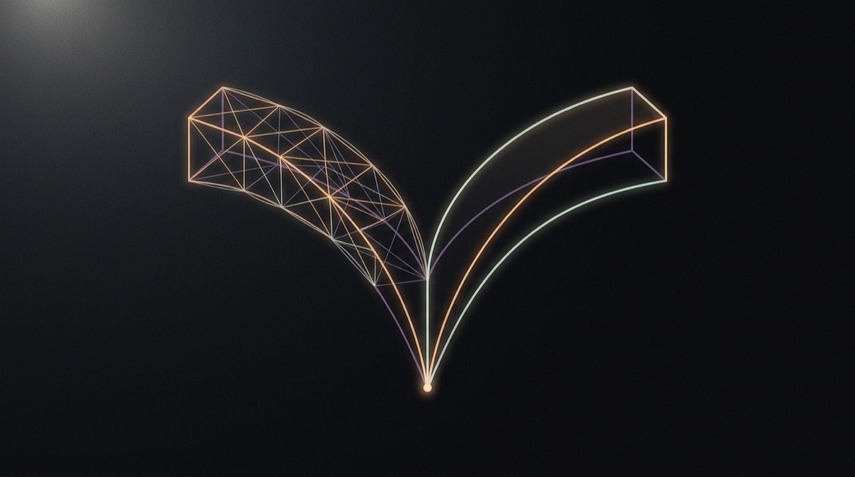 Abstract illustration of several paths fanning out from a single point of origin, one drawn as a dense triangulated mesh and the others as clean curves