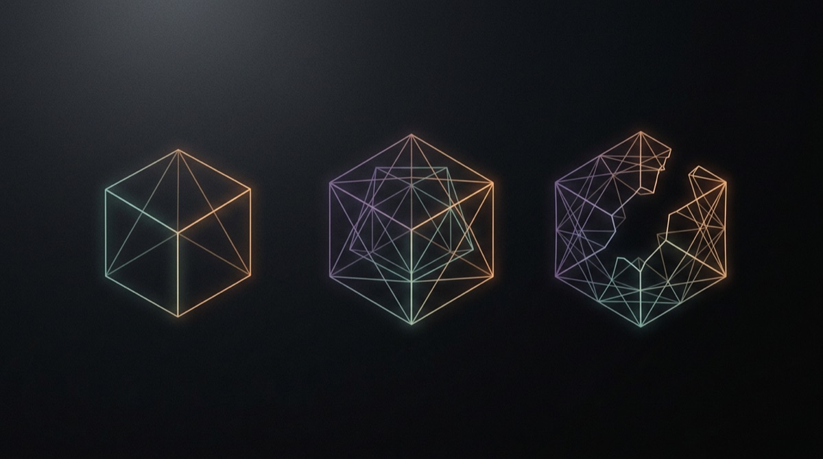 Abstract illustration of three wireframe forms representing models under evaluation