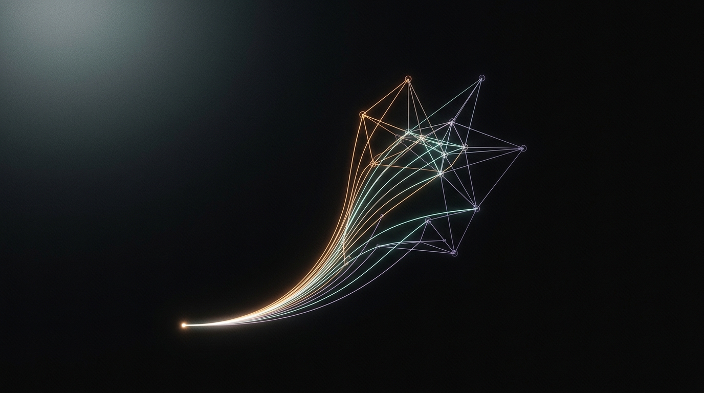 Abstract wireframe illustration of a growth curve branching into a network, representing AI adoption and value