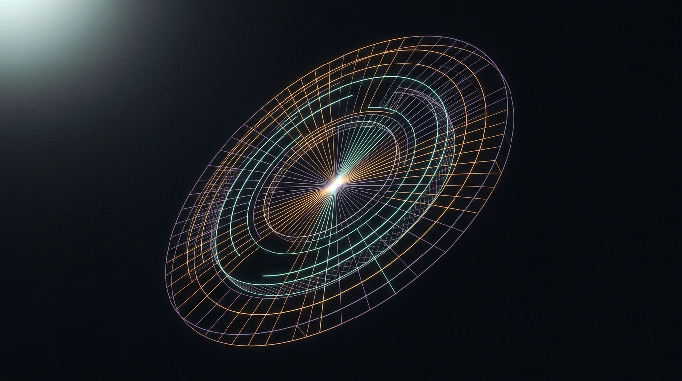 Abstract wireframe illustration of measurement curves converging to a single point, representing benchmark evaluation