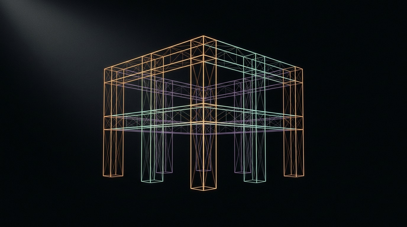 Abstract wireframe illustration of an institutional column and framework structure, representing AI governance and regulation