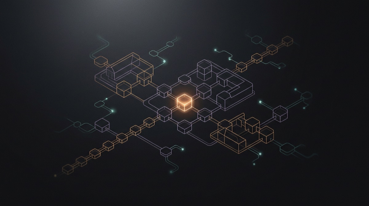 Abstract illustration of a wireframe network of interlocking nodes, one glowing brighter than the rest